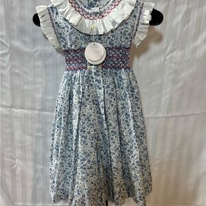 Blue Floral Smocked Girls' Dress with White Ruffle Collar